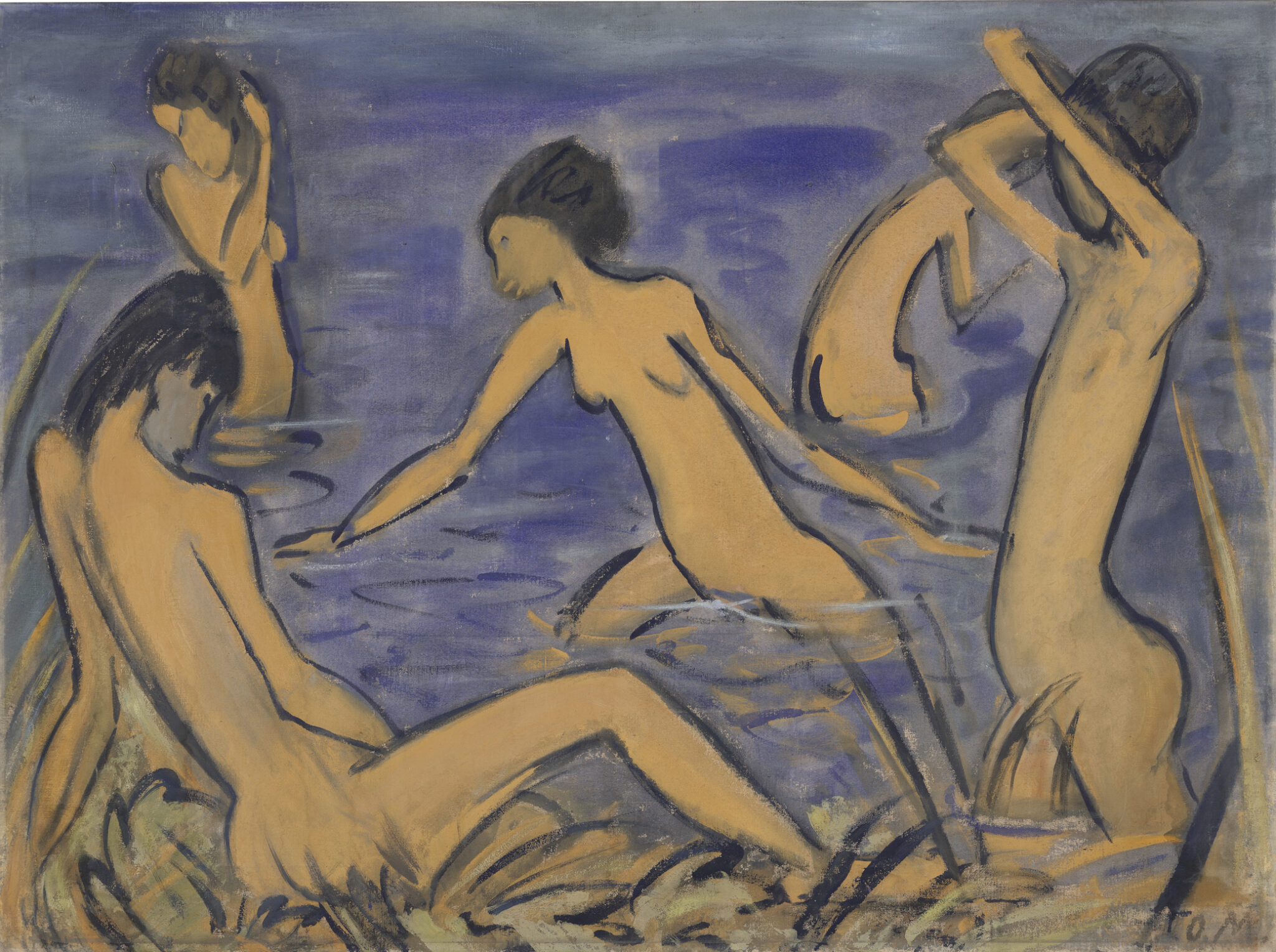 Fünf nackte, androgyn wirkende Menschen bewegen sich am Wasser. Zwei sitzen oder stehen am Ufer, während drei im Wasser baden. Die Menschen sind aus verschiedenen Perspektiven dargestellt.