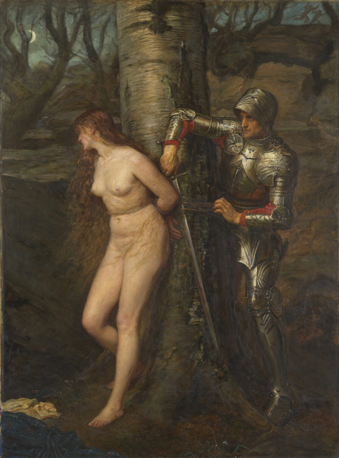 Ein Ritter befreit eine an einen Baum gefesselte, nackte Frau mit seinem Schwert. Die Frau nimmt eine beschämte Haltung an und wendet sich von dem Ritter ab.