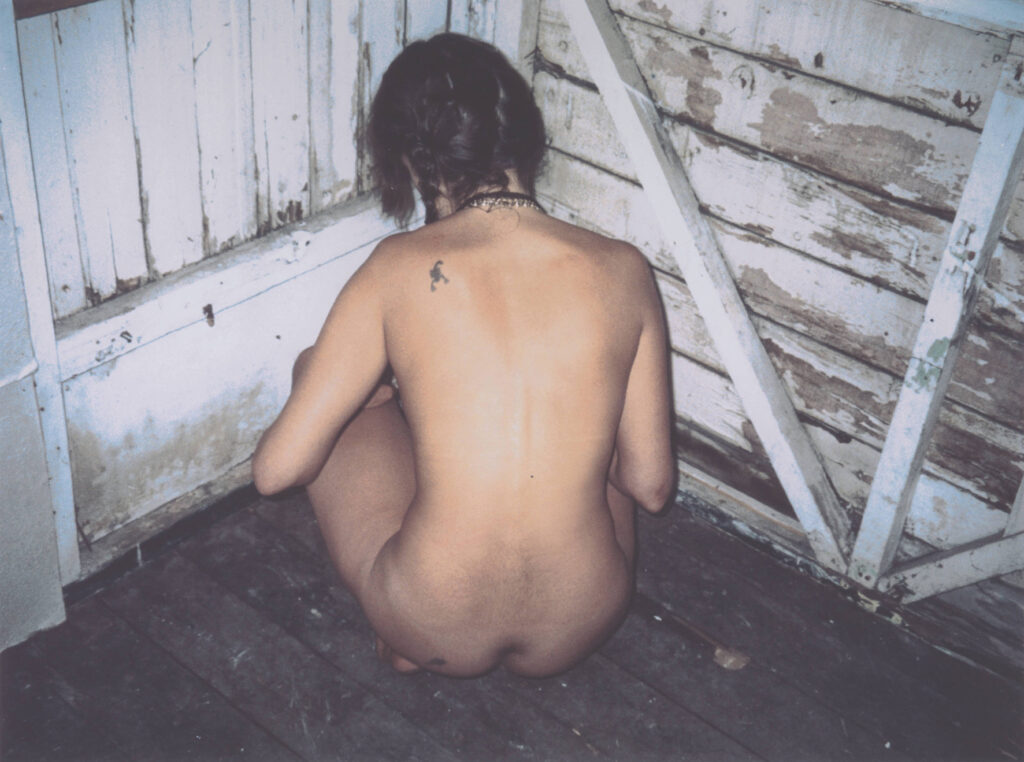 Dieses Selbstporträt zeigt Tracey Emin, die mit dem Rücken zu den Betrachtenden gewandt auf dem Boden einer Holzhütte hockt.