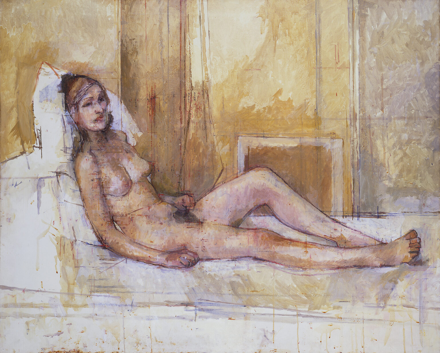 Sir William Coldstream’s Werk zeigt einen weiblichen Akt, der in entspannter Pose auf weißem Untergrund liegt. Einige Stellen ihres Körpers, wie ihre Brüste, sind mir roter Farbe hervorgehoben.