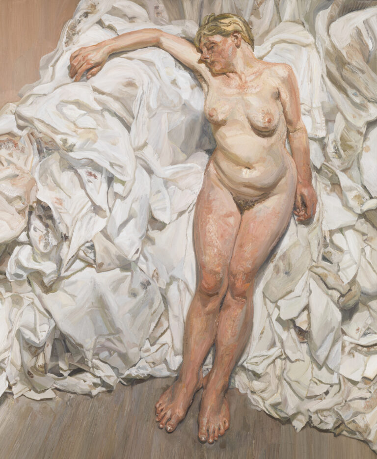 Lucian Freud zeigt die Körperlichkeit des Menschen auf diesem Bild durch einen weiblichen Akt, dessen Haut schlaff, fleckig und gerötet ist. Die Figur liegt oder steht in einem Berg benutzter Lappen.